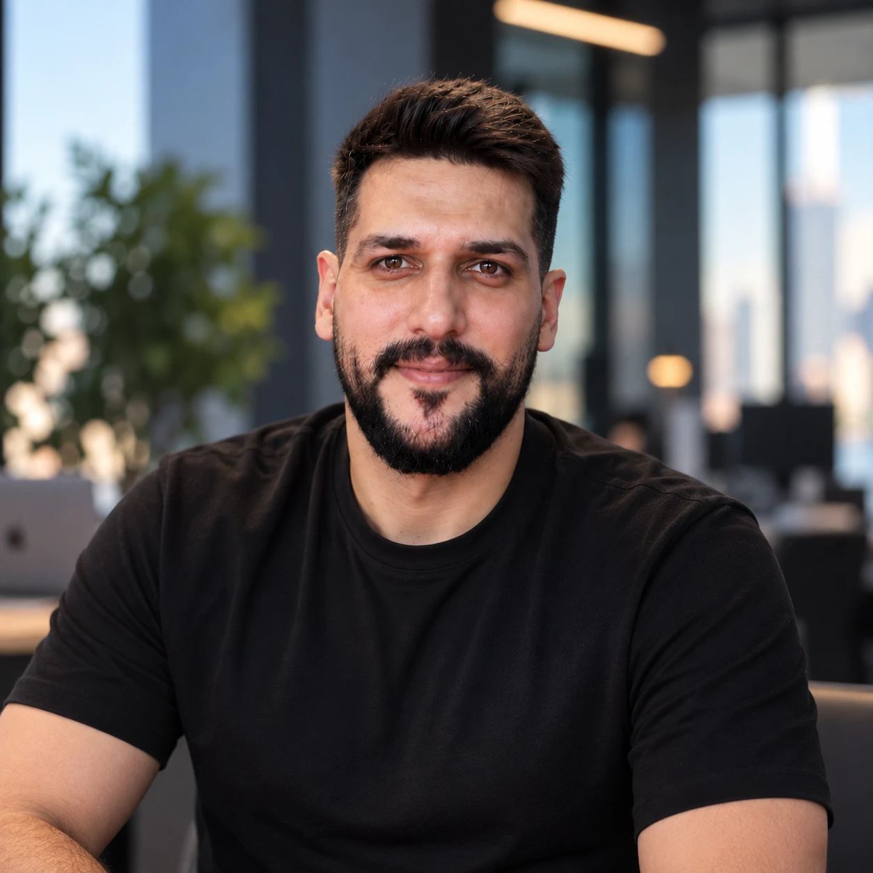رعد القضاة بقميص أسود في مساحة عمل حديثة
