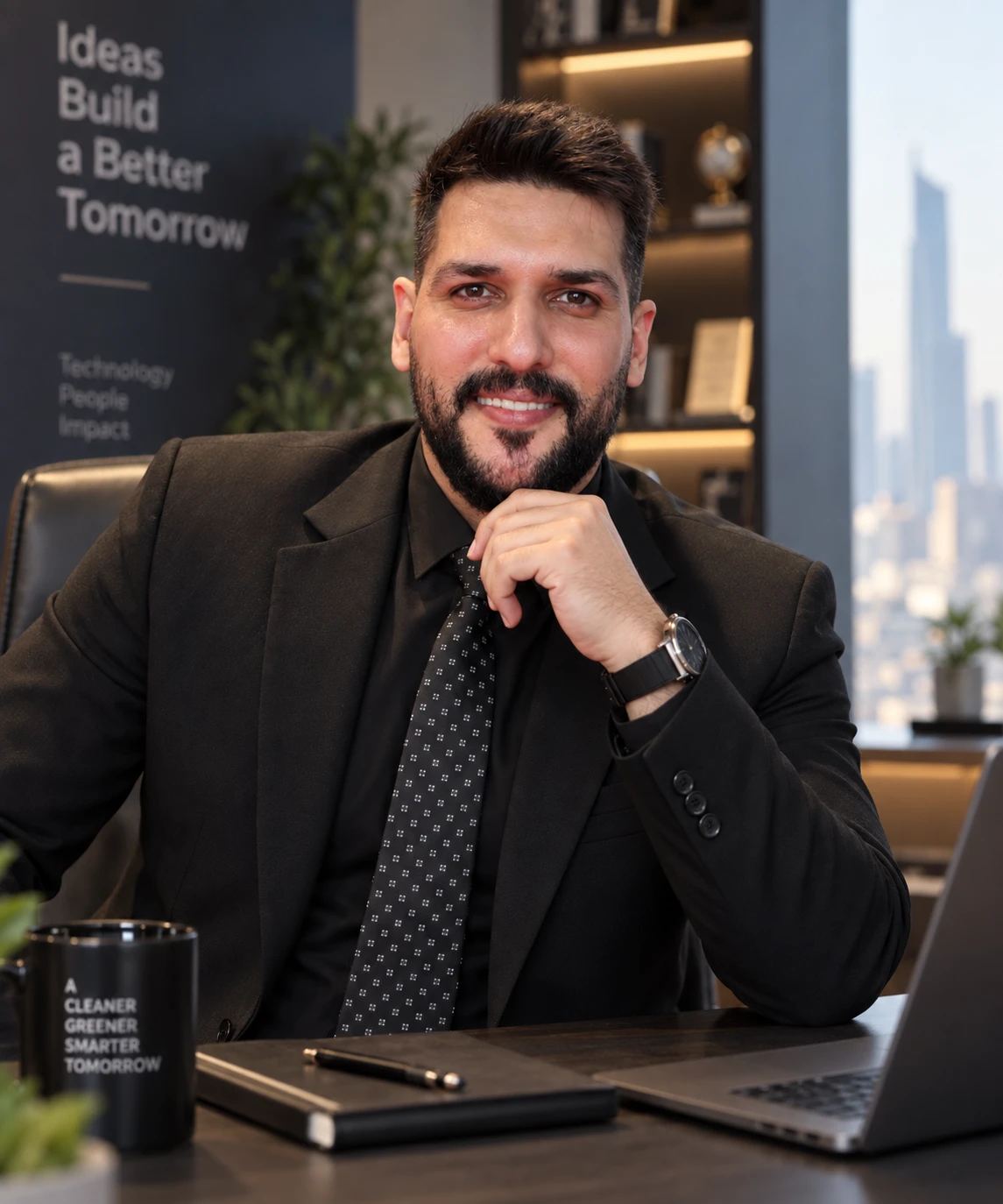 رعد القضاة ببدلة داكنة جالسًا إلى مكتبه في مكتب يطل على المدينة